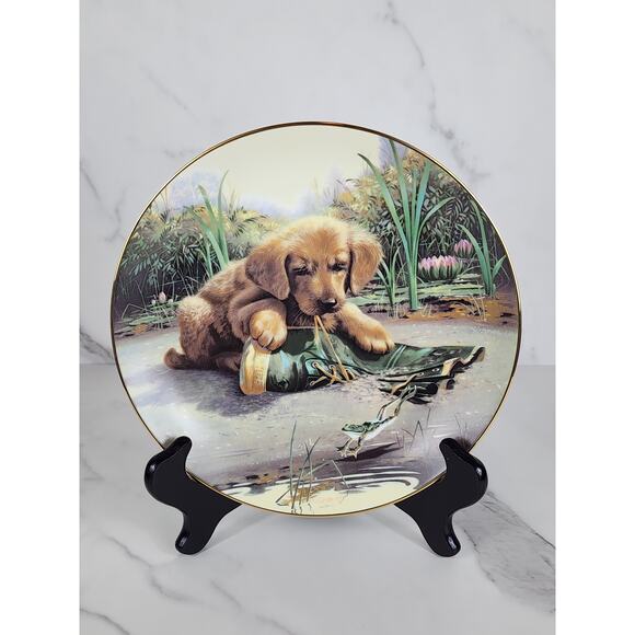 Catch Of The Day Puppy Playtime Dog Year 1987 Porcelain 8 1/2" Plate Wall Decor - Picture 1 of 12